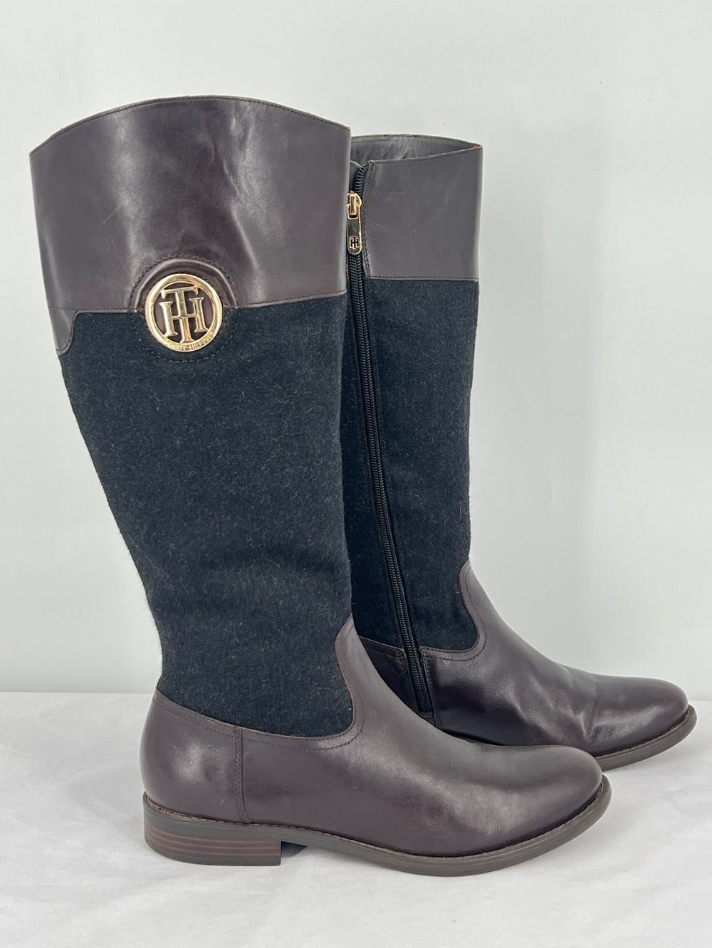 Tommy Hilfiger Madelen 2 Brown Leather Charcoal Wool Gold Logo Riding Boots 9.5